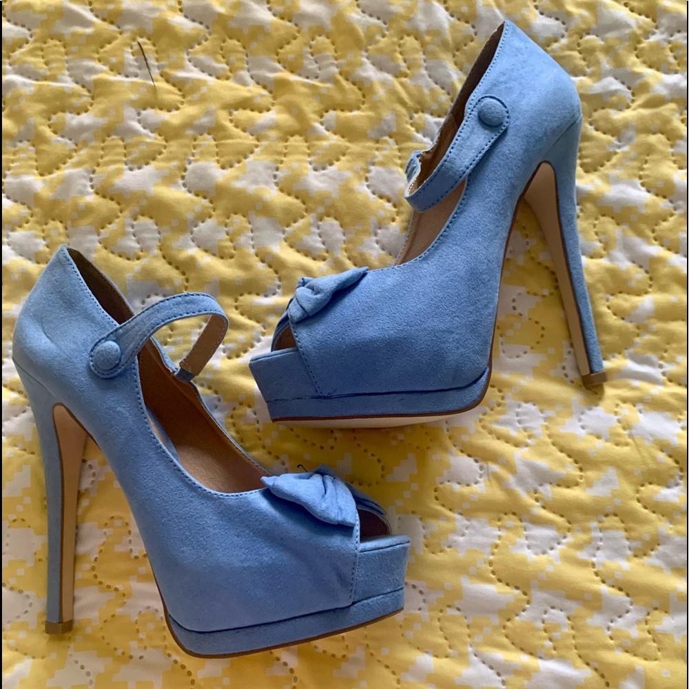 NWOB SZ 7 Blue Suede Platform Open Toe Mary Jane Heels